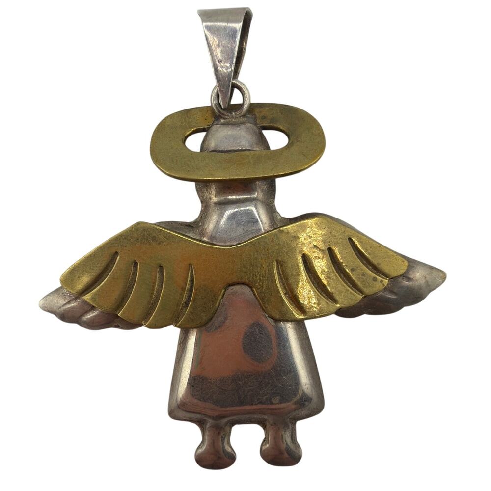 Vintage Taxco Mexican Sterling Silver & Brass Angel Pendant